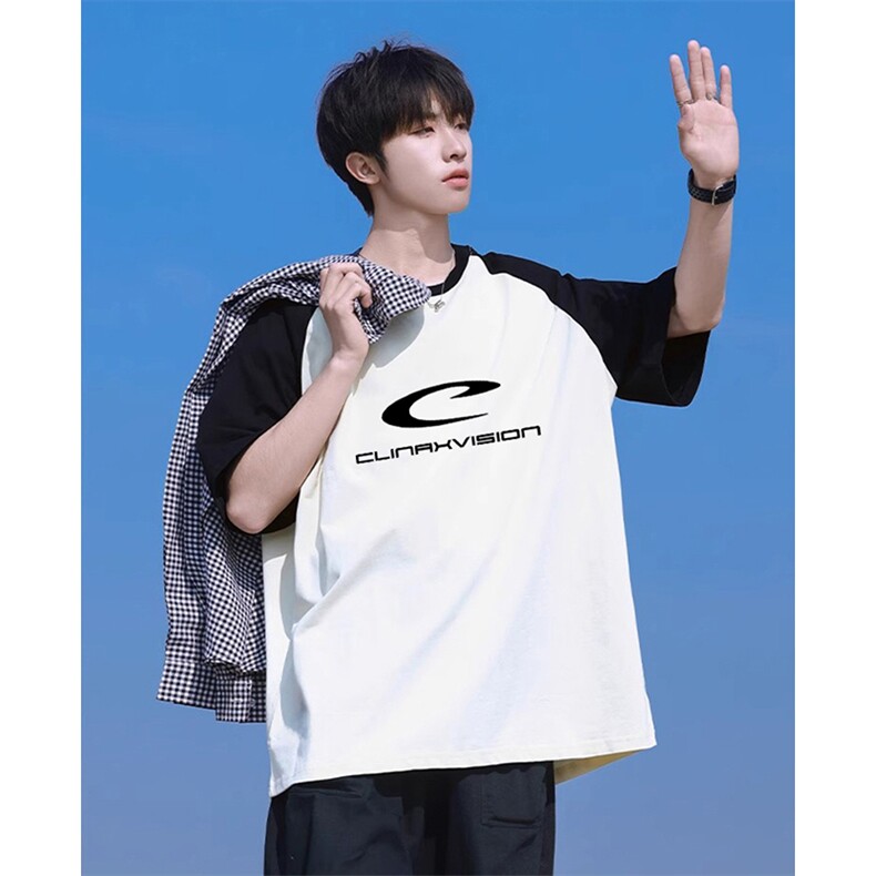 抖音得物高品质二开240克宽松纯棉美式潮牌插肩袖拼接短袖T恤，男装T恤，电商A486-1