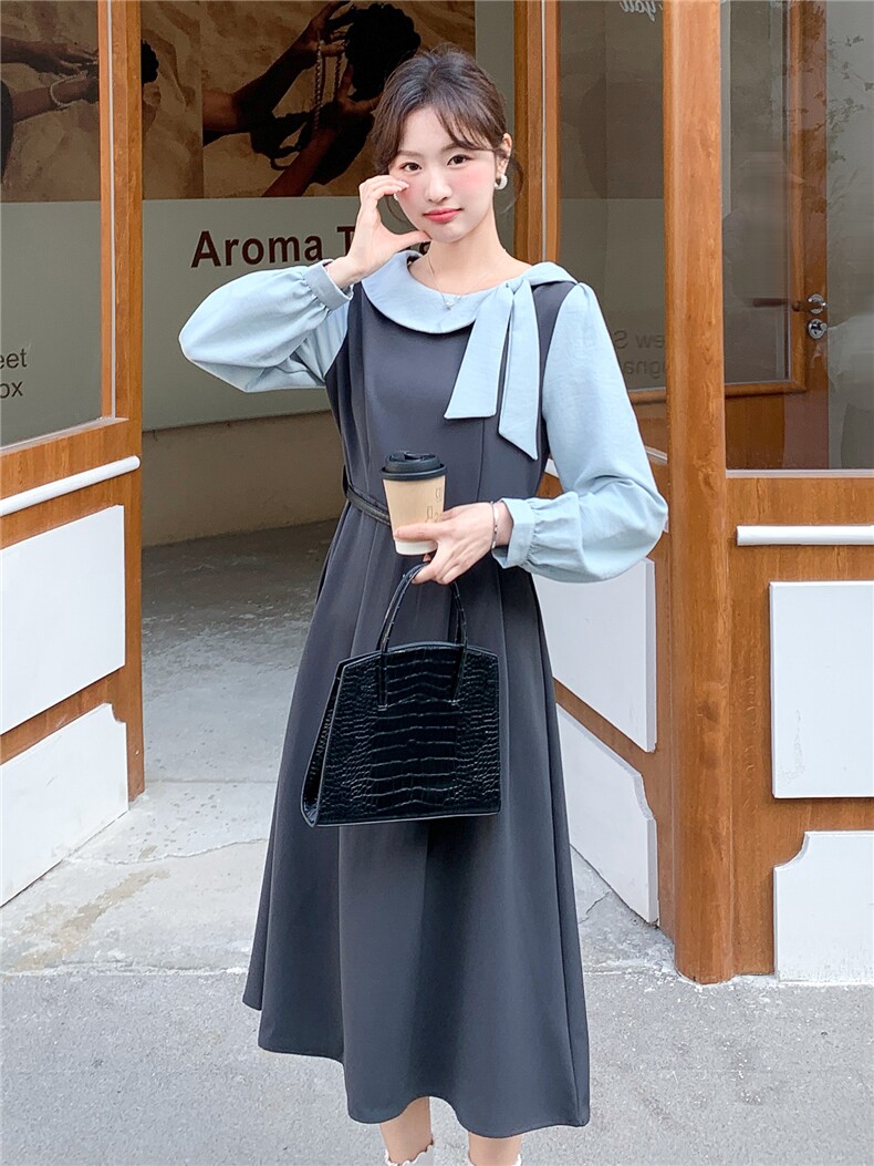 现货款2026春装新款胖妹妹学院风清新气质长款收腰连衣裙女送皮带,女装连衣裙,时尚风爆