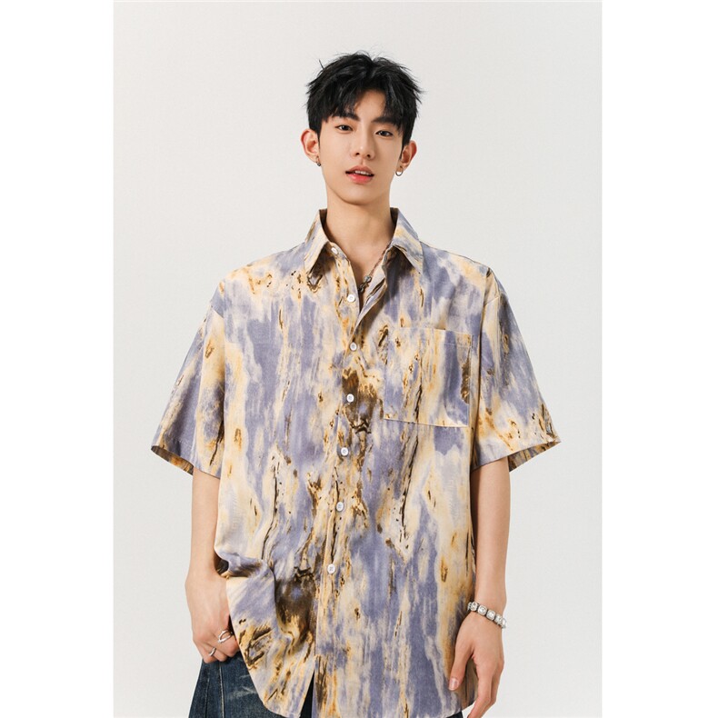 1冰丝扎染面料聚酯纤维M-5XL大码短袖衬衫男DCS78034P35控58，男装T恤，星座226-2