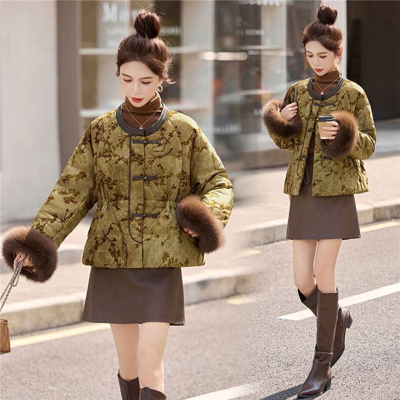 现货狐狸毛羽绒服女提花短外套2025冬季新款新中式白鸭绒上衣,女装羽绒服,仟媚宠