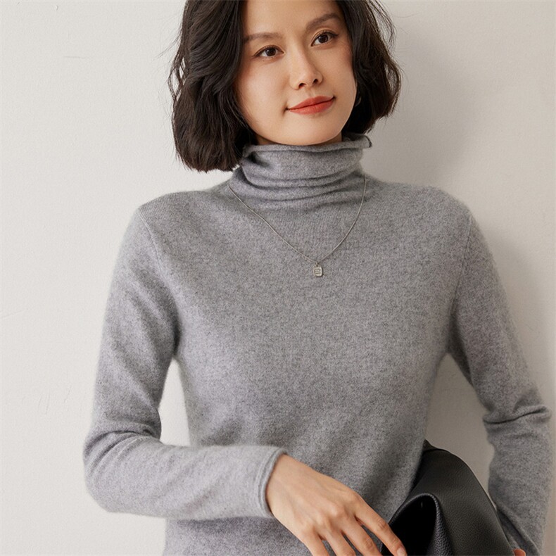 时尚百搭秋冬新款高领简约气质修身显瘦长袖毛衣,女装羊毛衫,米琪莲羊绒