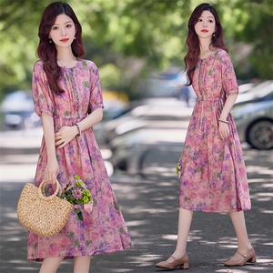 洋气减龄印花棉麻连衣裙女2025夏季高端刺绣气质收腰显瘦短袖裙子图片
