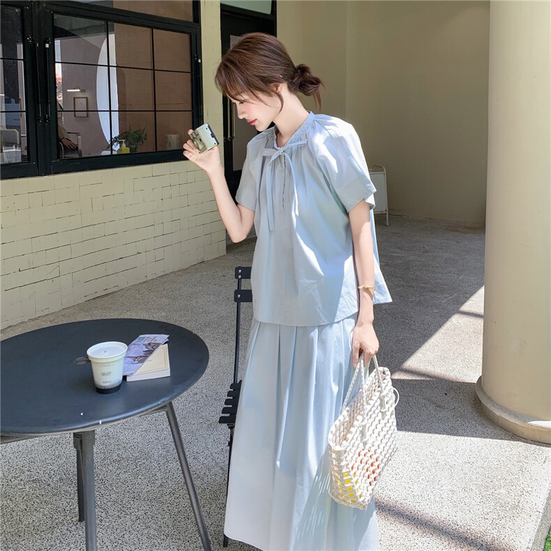 2025年夏季新款韩版时尚气质百搭显瘦短袖衬衫高腰半身裙两件套女,女装套装/套裙,2C012