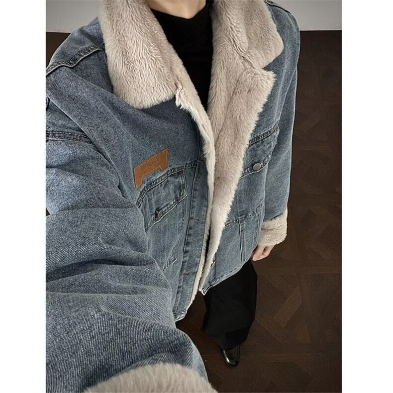 美式高街复古牛仔外套男女秋冬季新款加绒夹克宽松上衣L88099-P64图片