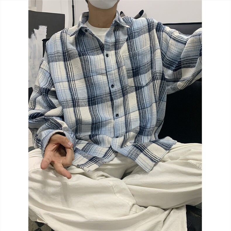 现货~磨毛格子大码长袖衬衫C5896/特P25蓝色,男装衬衫,电商A094