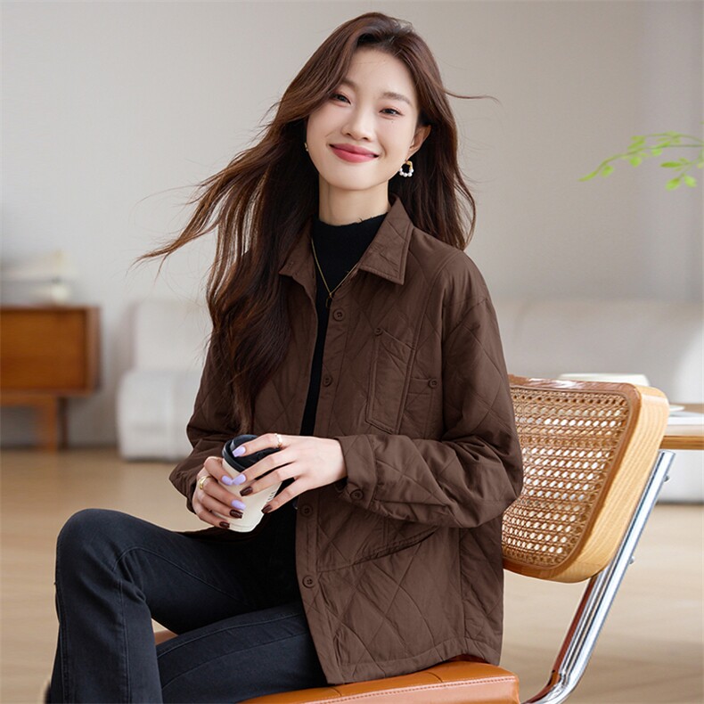 休闲时尚菱格外套女春秋2024新款小个子宽松百搭减龄翻领夹克上衣,女装棉衣/棉服,文熹诺