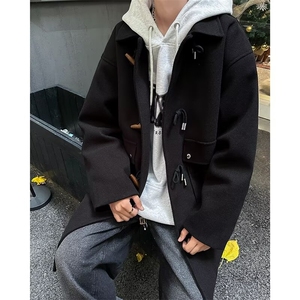 法式英伦风毛呢大衣男ins潮中长款牛角扣风衣高级感雅痞外套秋冬图片