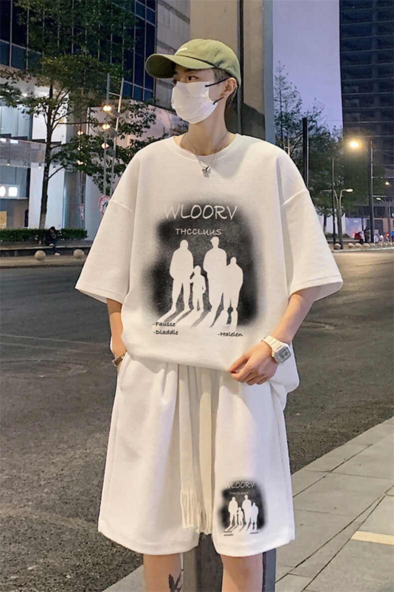 wassuphappy短袖t恤套装男夏季美式ins潮牌宽松大码休闲一套搭配,男装休闲套装,电商B367