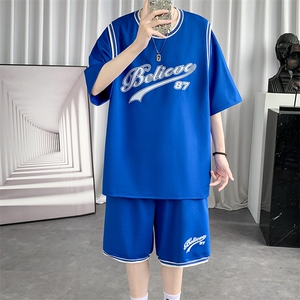纯棉夏季短袖T恤套装青少年宽松潮流篮球服两件套男装F312P60控89图片
