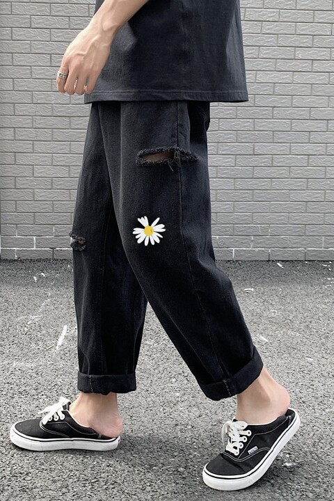 主推差价港风男女情侣小雏菊印花破洞牛仔裤百搭浅色裤KB2034,男装牛仔裤,星座1008