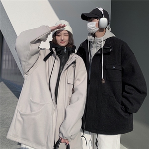 EQ158 情侣装冬季毛呢外套2024新款纯色连帽加厚呢子大衣男女同款图片