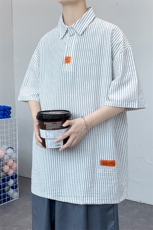 货足8XL-M美式POLO衫条纹短袖衬衫男2023夏季新款半袖衬衣加大码，男装Polo衫，钱塘717(原712)