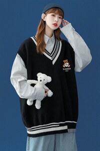 中性风 休闲宽松百搭马甲毛衣拼色男女针织衫 M613 P45控58图片