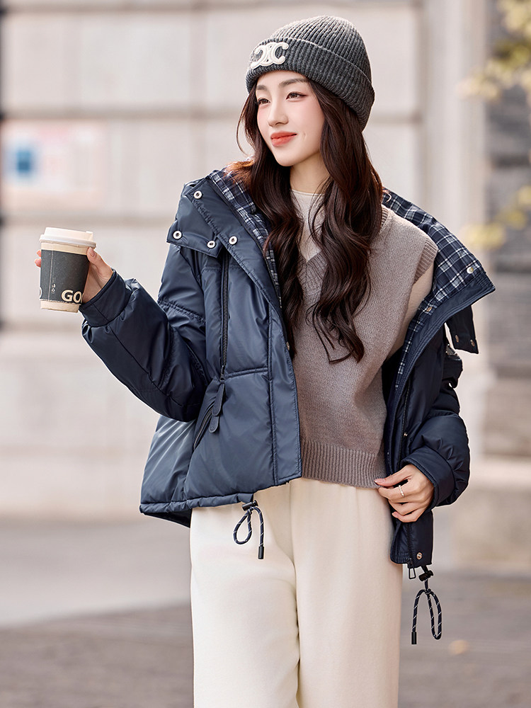 现货冬装新款简约时尚保暖休闲拼接连帽PU加厚棉服棉衣外套,女装棉衣/棉服,韩美纤衣