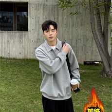 日系简约高级感POLO衫加绒卫衣宽松复古慵懒氛围感翻领长袖上衣，男装Polo衫，星座506A