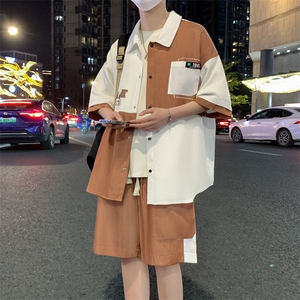 港风夏潮流印花拼接开衫宽松短袖衬衣短裤帅气套装 A436-D217-P60图片