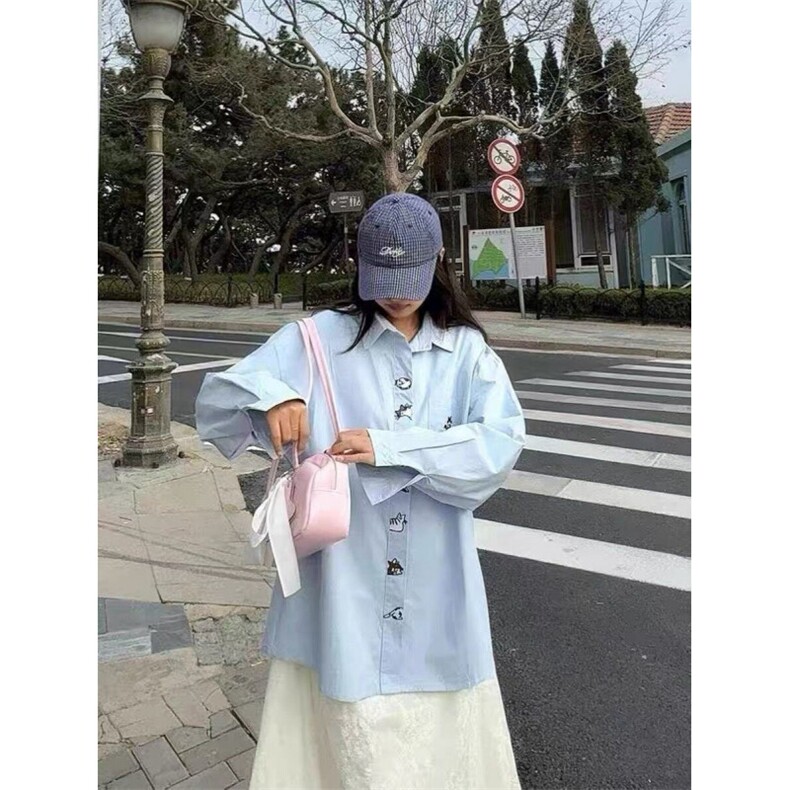 TC540-P45慵懒小猫刺绣长袖衬衫女2026新款显瘦减龄学院风衬衣,女装衬衫,星座617A-2