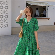 2021新款女装简约A字裙中长款连衣裙V领，女装连衣裙，阿菲诺依