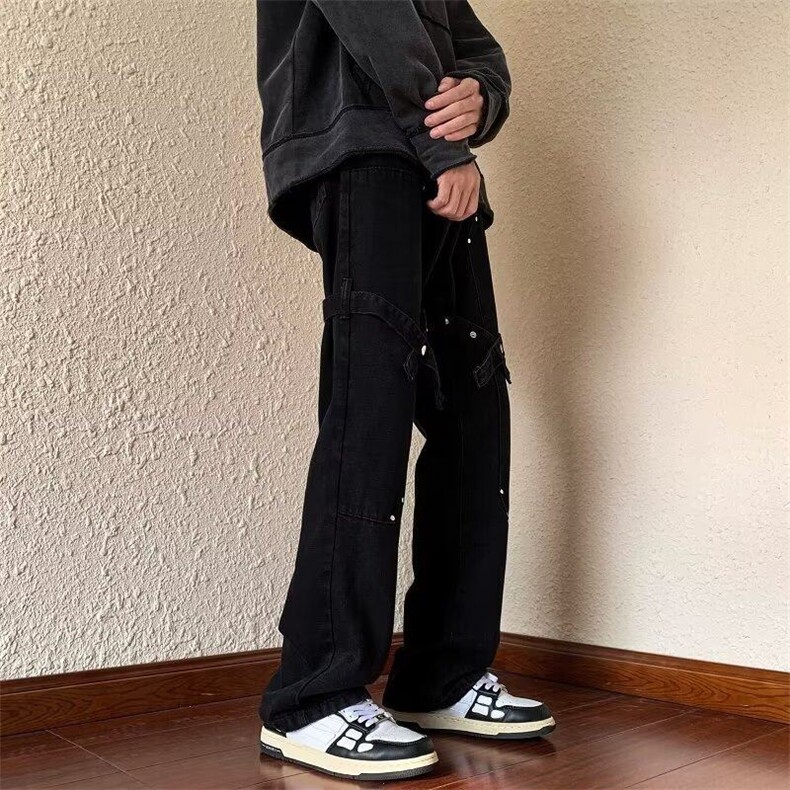 美式机能铆钉工装牛仔裤男女街头高街风纽扣设计直筒hiphop休闲裤,男装牛仔裤,星座601-1
