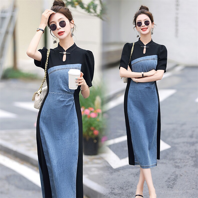 优雅气质收腰显瘦连衣裙女夏季牛仔拼接设计感小众裙子2025新款潮，女装连衣裙，C位