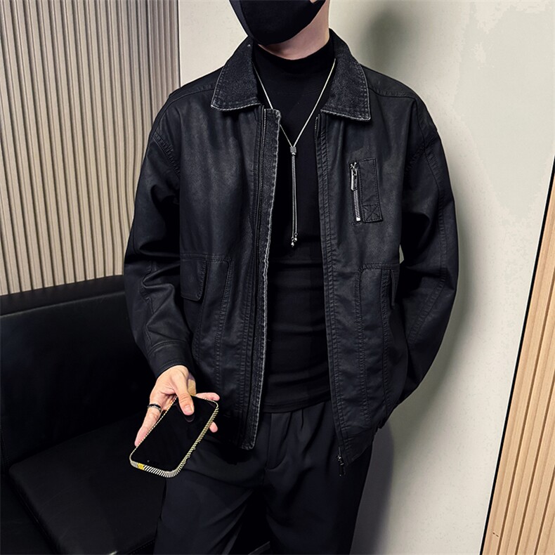 秋季新款假两件皮衣网红百搭修身皮夹克外套A368-P5809-P168,男装皮衣,电商A368