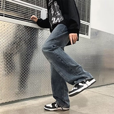 美式ins嘻哈高街做旧水洗阔腿裤直筒宽松中性牛仔裤男女N2033-P45，男装牛仔裤，星座1008