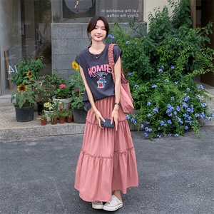 韩版甜美减龄印花背心T恤套装女2025夏季新款显瘦半身长裙两件套图片