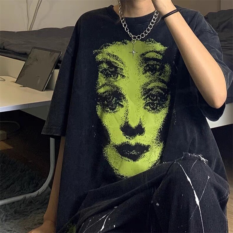 M357-P252025春夏款男女个性短袖荧光绿人像复古创意印花纯棉T恤,女装T恤,星座617A-2