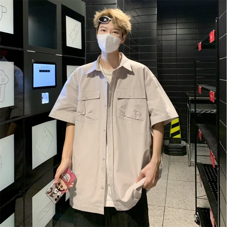 日系复古宽松短袖衬衫男工装外套衬衣中性小众上衣C02212-P38,男装衬衫,星座308B-2