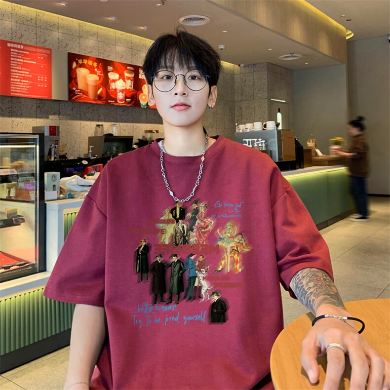 油画人物印花短袖t恤男夏季潮大码纯棉休闲日系情侣小众个性上衣,男装T恤,电商B371
