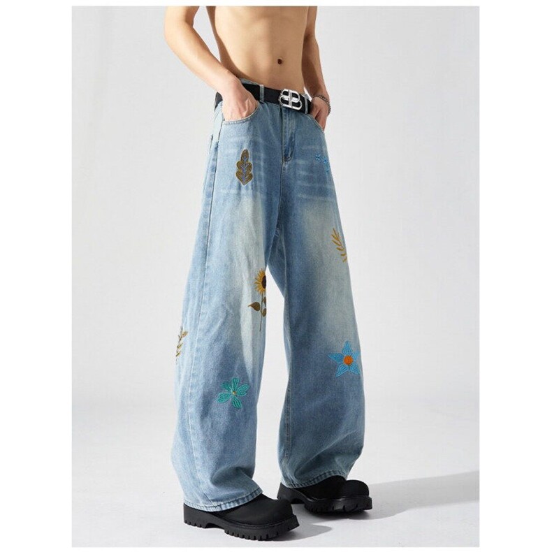 慵懒松弛感豹纹拼接卷边牛仔裤男女新款高腰直筒拖地阔腿裤NK117，男装牛仔裤，星座1116A（原606A-3）