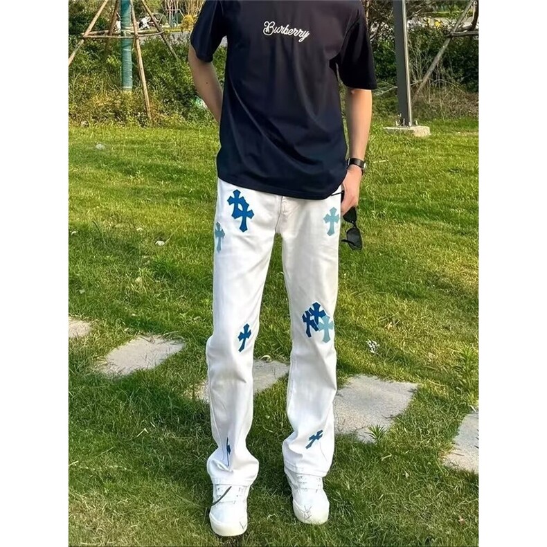 十字架刺绣高腰直筒牛仔裤新款设计感宽松拖地阔腿长裤NZ7073,男装牛仔裤,星座516A