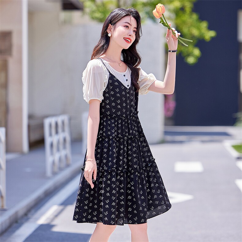 甜美减龄显瘦小个子碎花裙女夏新款轻薄a字裙泡泡袖假两件连衣裙,女装连衣裙,梦芯尔