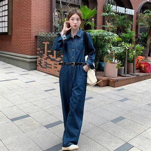 港风蓝色复古牛仔连体裤女2025春秋季新款韩版高腰休闲显瘦连衣裤图片
