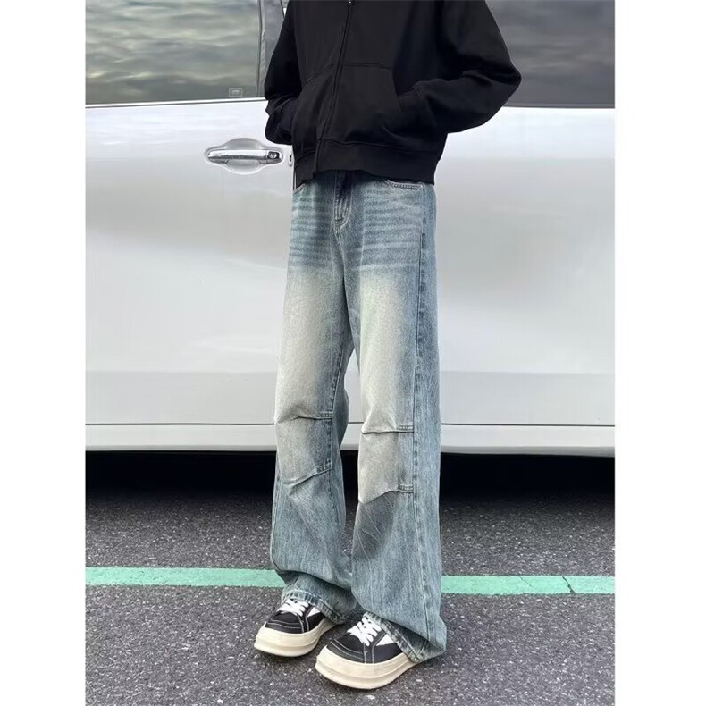 高街水洗褶皱弯刀牛仔裤男美式宽松设计感直筒阔腿裤N7090-P55，男装牛仔裤，星座208-5