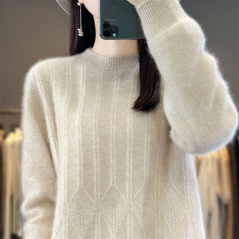 粉色百搭纯羊毛衫女圆领加厚毛衣秋冬新款保暖宽松针织打底衫羊绒，女装羊毛衫，九嘉羊绒