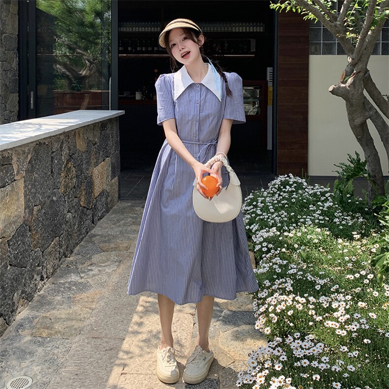 时尚显瘦蓝色条纹连衣裙全棉材质优雅气质支持退换货，女装连衣裙，灵力轩