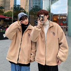 703-Y252-P115秋冬拼羊羔毛双面穿情侣格纹毛呢小熊绣花外套，女装短外套，星座703