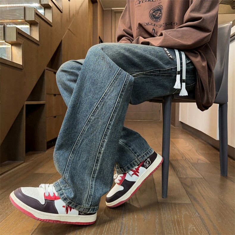 春季宽松直筒牛仔裤男生美式潮牌百搭拼接工装阔腿长裤J8072-P45,男装牛仔裤,星座509