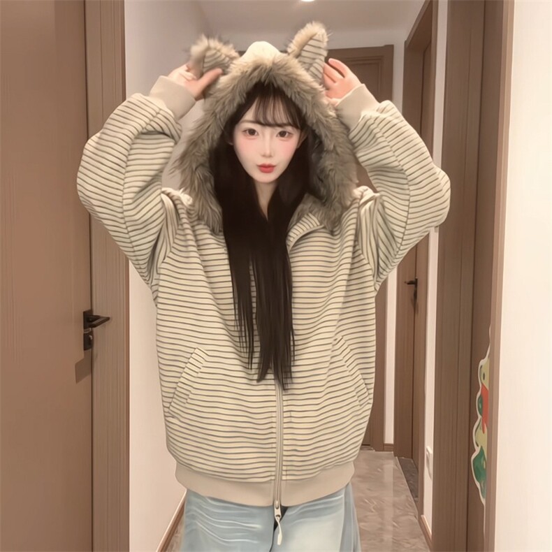 座山雕大毛领外套2025秋冬宽松开衫条纹连帽棉服外套MF420-P103图片