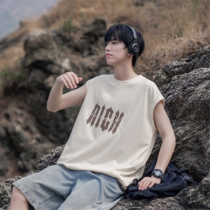 无袖背心美式坎肩短袖复古夏季ins宽松男装T恤B225-T9226-P35-X48图片