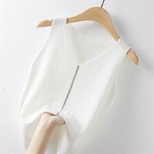 冰丝吊带背心内搭打底衫夏季短款无袖时尚烫钻纯色v领显瘦上衣，女装针织衫/毛衣，美吧服饰