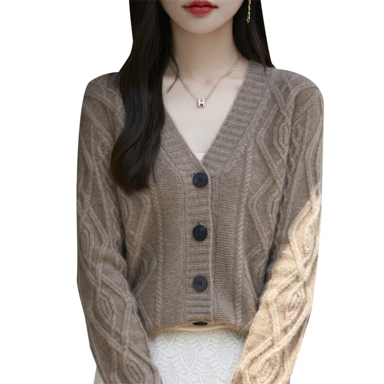 V领菱形扭花100%纯羊毛开衫女宽松慵懒风羊绒衫长袖针织外套毛衣,女装羊毛衫,昭美羊绒