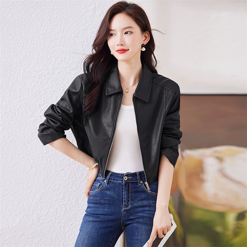 短款皮衣外套女2023年新款宽松显瘦韩东大门时尚机车翻领夹克潮,女装皮衣,江南女神