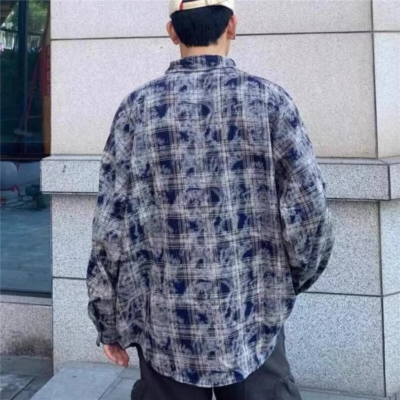 C331-P43标准翻领潮秋季男女美式做旧格子拼接长袖衬衫百搭,男装衬衫,电商B323A