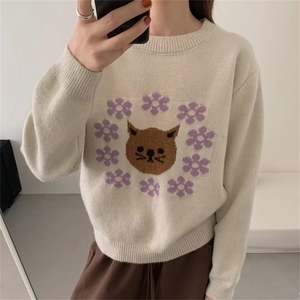 2025年秋季新款百搭女士小猫提花圆领长袖套头羊毛衫图片