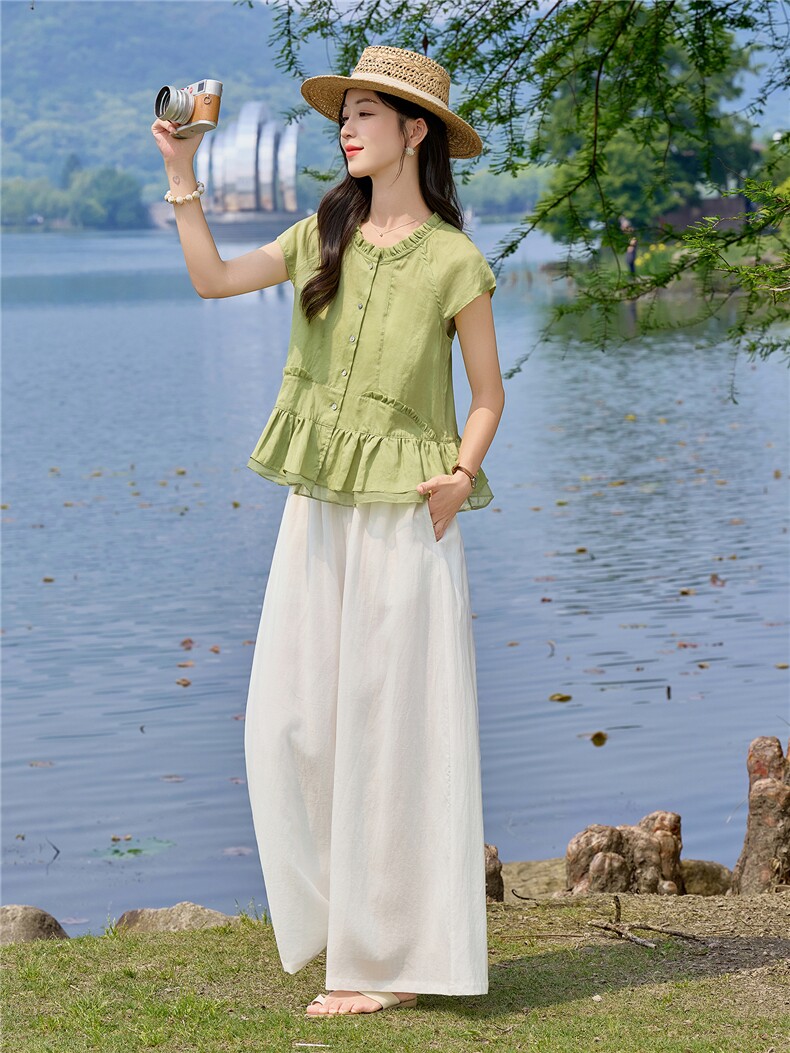 简约纯棉舒适短袖夏季优雅大方遮肉巨好看出游两件套,女装套装/套裙,依如秀(原杭风阁)