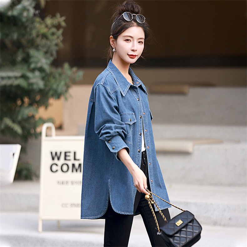 牛仔衬衣女早春秋欧货爆款2025新款设计感大码胖mm中长款衬衫上衣图片