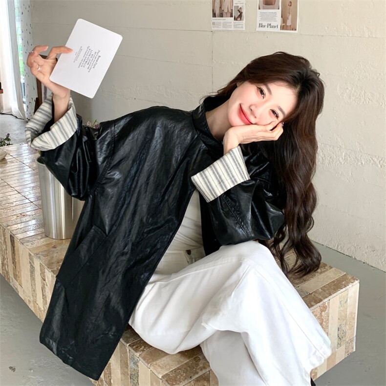 蕾丝拼接黑色皮衣外套女2025春季新款复古设计感甜酷风机车服夹克,女装皮衣,2D143