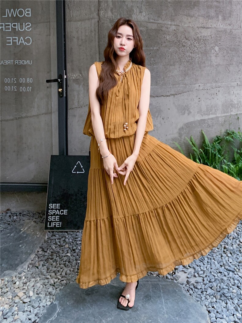 黄色无袖上衣半身裙套装女夏2025新款法式减龄气质长裙两件套爆款,女装套装/套裙,秋水欣儿